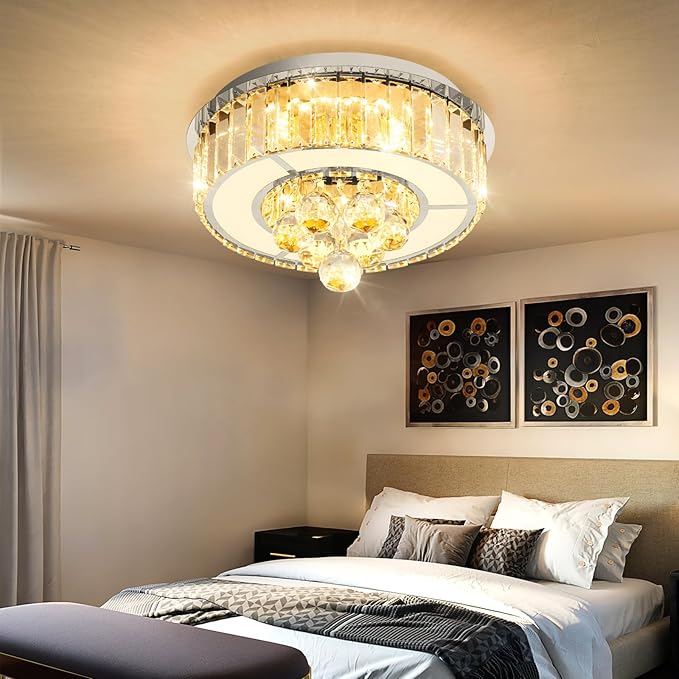 11.8'' Silver Modern Crystal Chandeliers for Dining Room LED Dimmable Light Fixtures Flush Mount Light Living Room Bedrooms