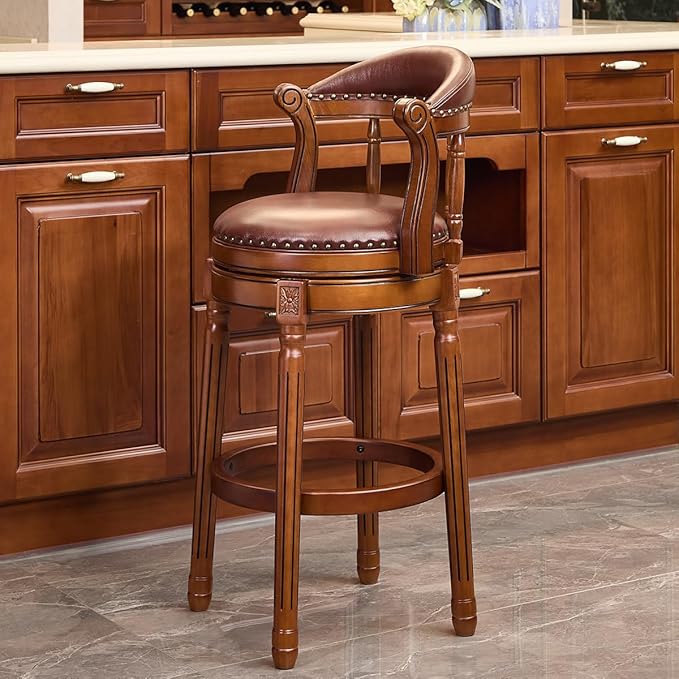 Cow top Leather Wooden Bar Stools, 29.5" Height Bar Chair with Back, 180 Degrees Swivel Bar Stools Chair for Home Kitchen Counter,Restaurant (Brown-2pcs, Bar Seat Height 29.5in)