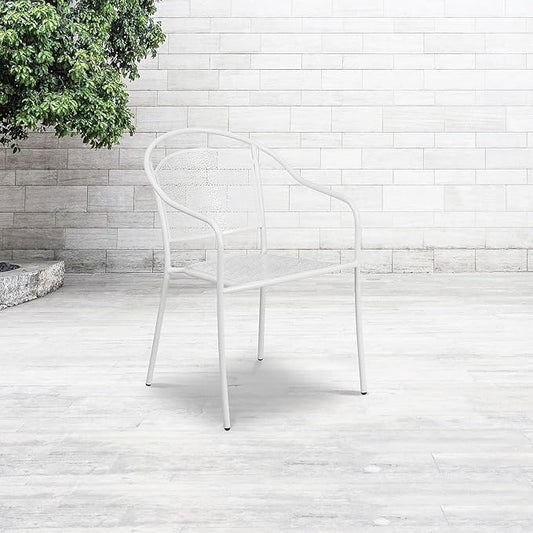 Flash Furniture Commercial Grade White Indoor-Outdoor Steel Patio Arm Chair with Round Back