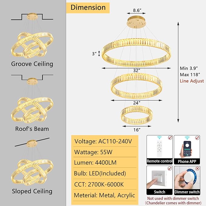 16‘’+24‘’+32'' Modern Ring Chandelier Crystal Chandeliers for Dining Room Round LED Dimmable Ceiling Light Fixture for Living Room Bedroom Lighting Gold