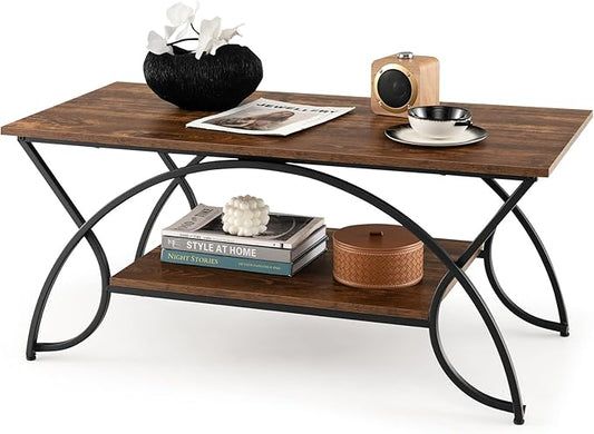 COSTWAY 2-Tier Coffee Table, Industrial Wood Accent Table with Storage Shelf and Black Finished Metal Frame, Chic Rectangular Side End Table for Living Room Office Lounge (Coffee)
