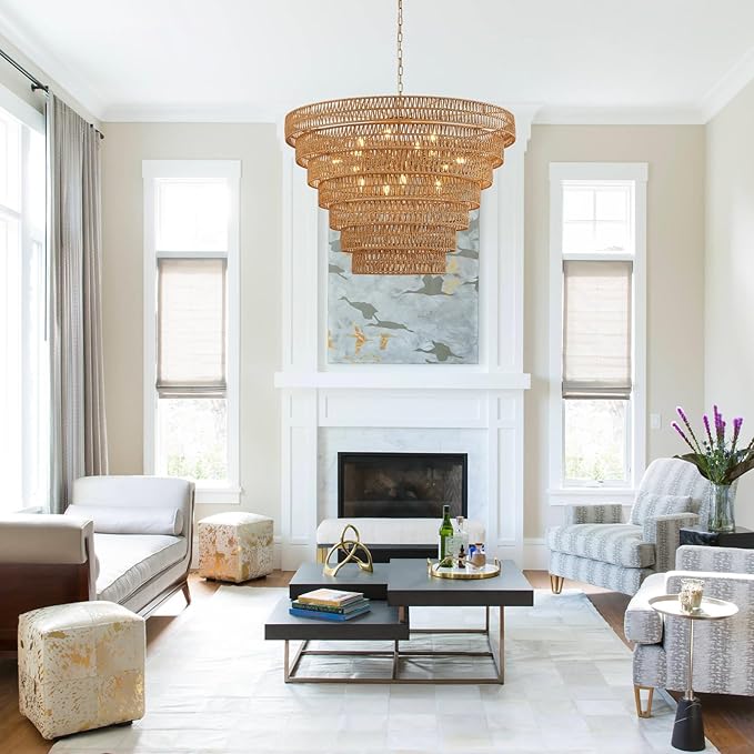 Hand-Woven Rattan Chandelier Vintage Farmhouse 15-Lights Boho Bamboo Large Chandeliers Light Fixture 7-Tier Drum Wicker Chandelier for Dining Room, Living Room, Kitchen, E12