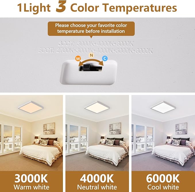 2PK 16 Inch Square LED Flush Mount Ceiling Light, 40W, 4000LM 3000K/4000K/6000K CCT Selectable, White Square LED Flat Panel Ceiling Light Fixture for Bedroom,Kitchen,Living Room