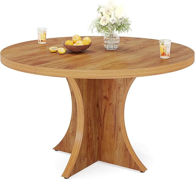 Tribesigns Round Dining Table for 4-6, 47.24-Inch Farmhouse Kitchen Table, Wood Dining Table with Pedestal Base, Small Dinner Table for Dining Room,Living Room, Small Space, Brown