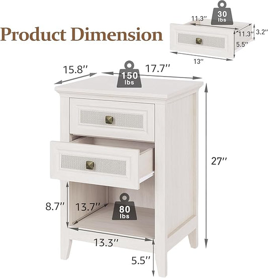 RoyalCraft Rattan Nightstand Set of 2, Boho Bedside Table with 2 Rattan Decor Drawers, Wood Accent End Table with Open Storage Shelf for Bedroom, Home Office, Grayish White