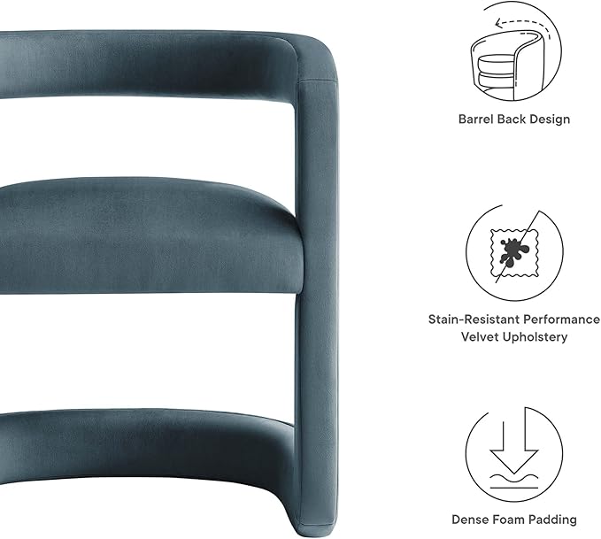 Modway Winslow Stain-Resistant Performance Velvet Dining Chair in Cadet Blue - Open Back Barrel Armchair - Upholstered Dining Chair - Cozy Reading Chair or Velvet Vanity Chair