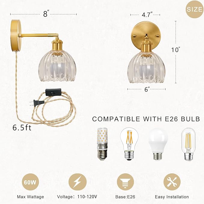 Plug in Wall Sconces Set of 2, Vintage Wall Lamp with 6.5FT Plug in Cord Clear Tulip Glass Shade Decor Indoor, Gold Wall Light for Bedroom Bedside Kids Living Room Bathroom