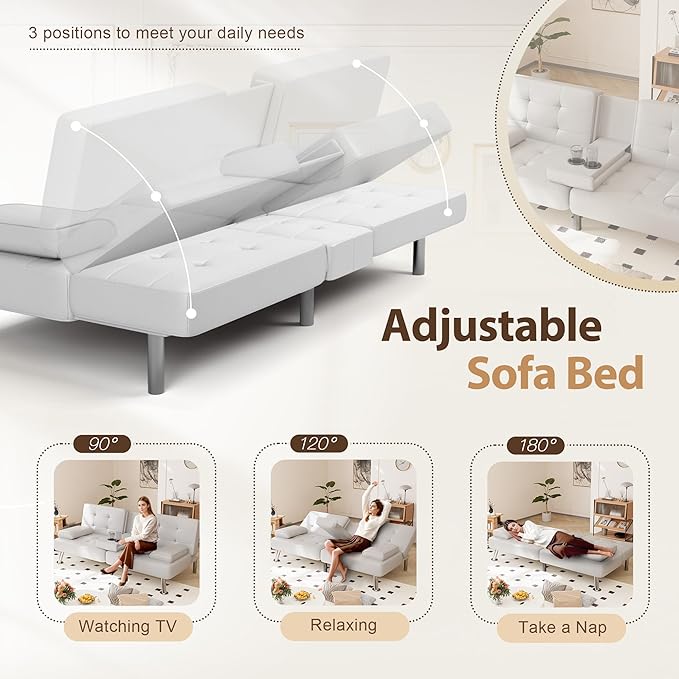 Shahoo Convertible Folding Futon Sofa Bed Sleeper Couch for Living Room Faux Leather Upholstered Loveseat w/Removable Armrests, Metal Legs, 2 Cup Holders, White