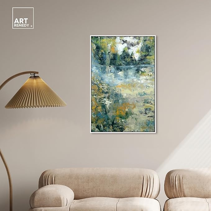 Art Remedy Green Moss Monet Garden Green Abstract Canvas Wall Art, White Floater Frame, 24"x36"