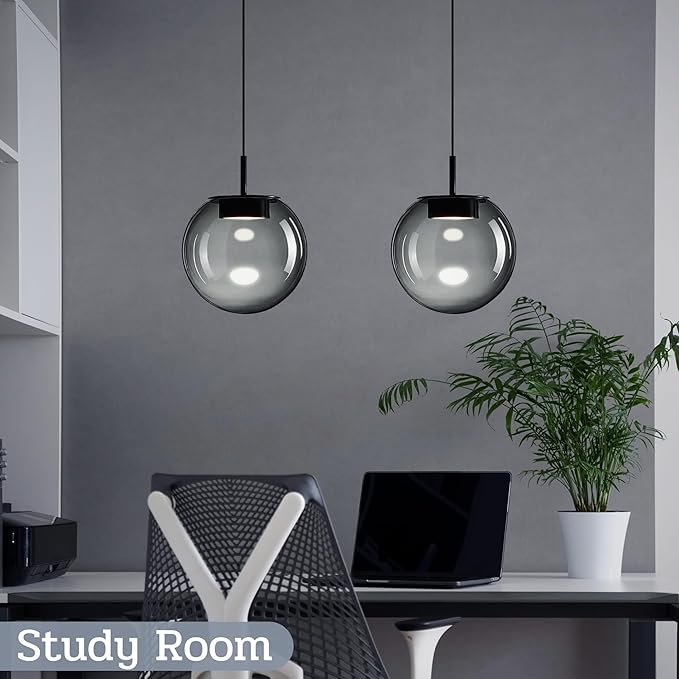 Advanced 3CCT Smoke Glass Pendant Light, Built-in LED Panel for Ultra-Even, Glare-Free Lighting, Modern Design and Stylist Fixture for Kitchen Island, Dining Table and Bedside(7.9in, 2-Pack)
