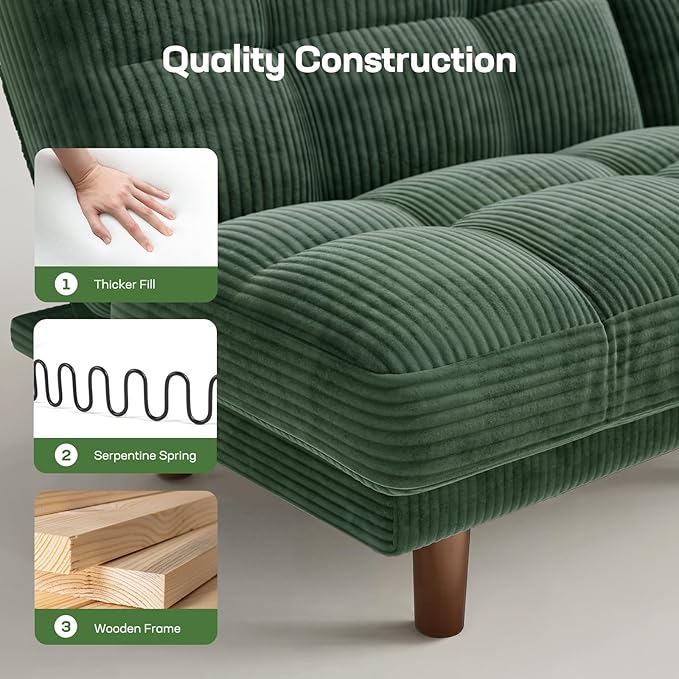 Marsail 65" Futon Sofa Bed, Convertible Small Recliner Sleeper Sofa Bed with Adjustable Backrest, Corduroy Loveseat Futon Couch for Small Apartments, Living Room Office, Guest Room (Green)