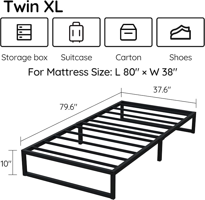10 Inch Twin XL Bed Frames, Mattress Foundation with Steel Slat Support, No Box Spring Needed, Easy Assembly, Black