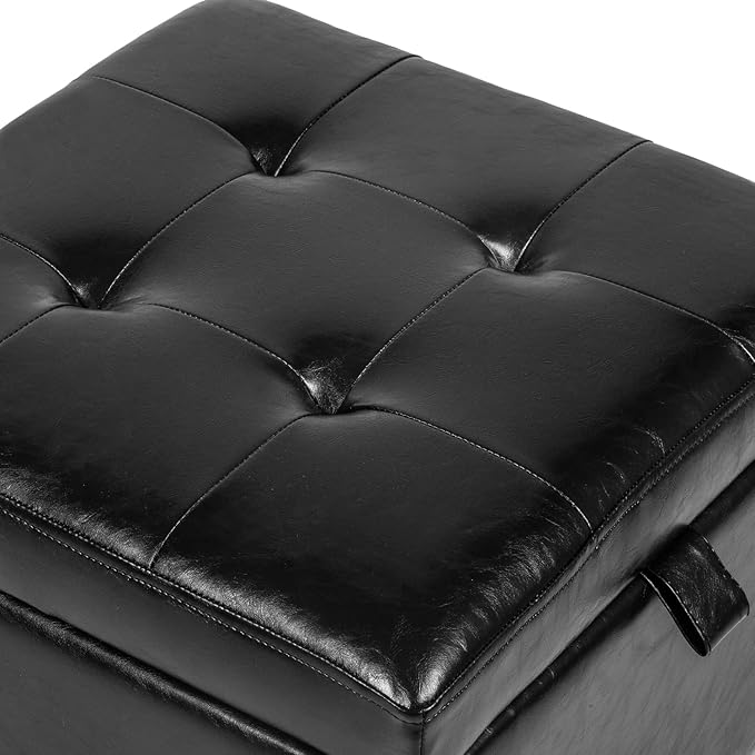Adeco 17.7" Square Faux Leather Storage Ottoman, Tufted Footrest Stool with Hinged Lid & Wood Legs, Small Entryway Bench & Extra Seat for Living Room, Bedroom, Black