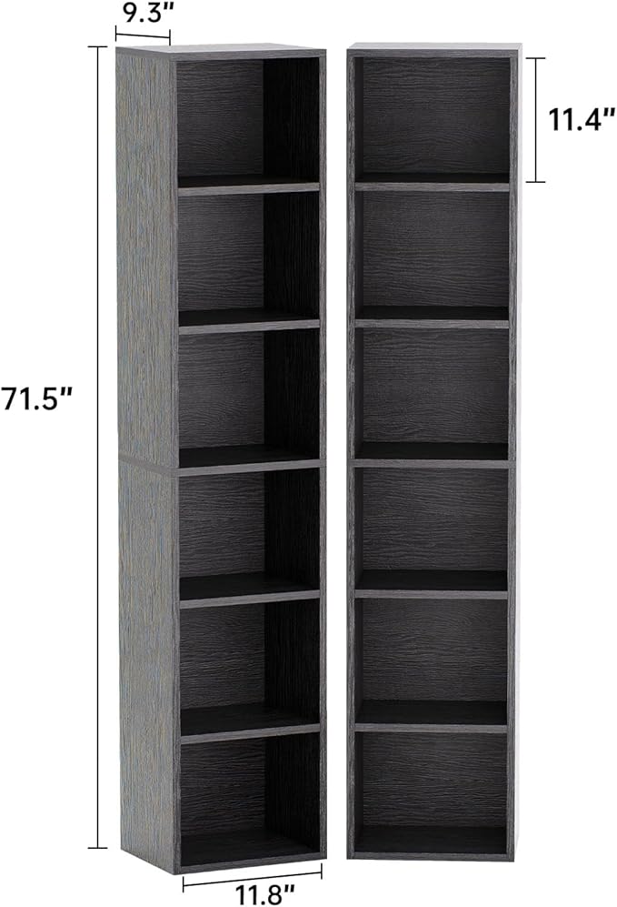 71.5" Tall Bookshelves and Bookcases Set of 2, 6 Tier Display Storage Shelves Home Decor Furniture for Home Office, Living Room, Bed Room (Black, 11.8" Narrow)