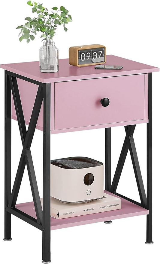 VECELO Nightstand,Modern Bedside End Table, Night Stand with Drawer and Storage Shelf for Living Room Bedroom, Industrial Metal Frame