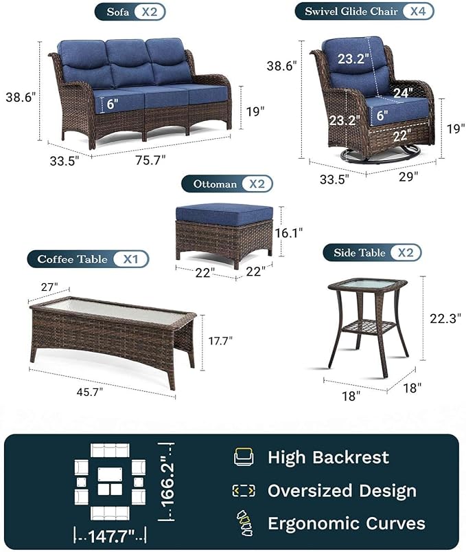 High Back Outdoor Furniture with Extra Thick Cushion Patio Swivel Rocking Chairs, Comfort 3-Seat Sofa, 11PCS Oversized Wicker Conversation Set for Porch, Deck, Yard in Blue