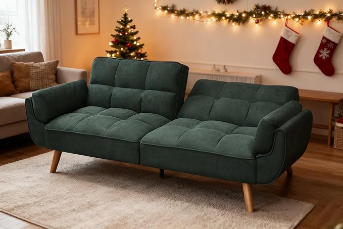 Convertible Futon Sofa Bed, Modern Futon Couch with 2 Pillows, Small Futons Couch with Adjustable Armrest & Backrest, Loveseat Sofa Bed for Living Room, Bedroom, Green