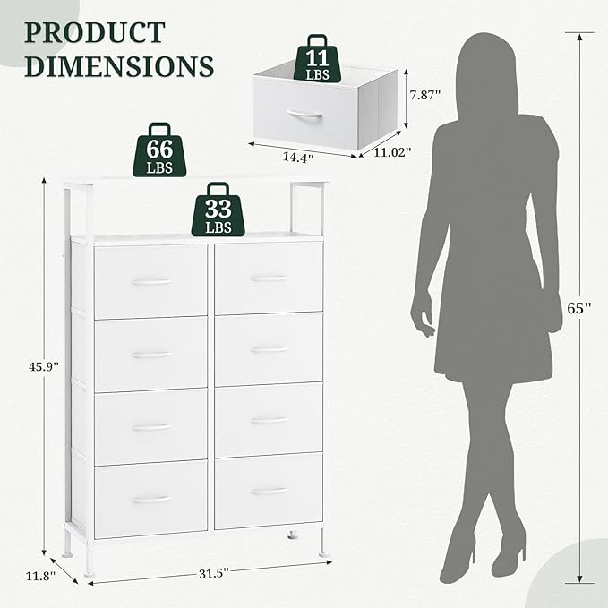 8 Drawers Dresser with Open Shelf, 46" Tall Storage Organizer Chest of Drawer with Wooden Top, Sturdy Metal Frame for Bedroom, Hallway, Living Room, White