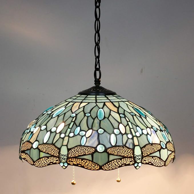 WERFACTORY Tiffany Pendant Light Fixture Sea Blue Stained Glass Dragonfly Hanging Lamp Wide 16 Inch, Height 40 Inch S147 Series
