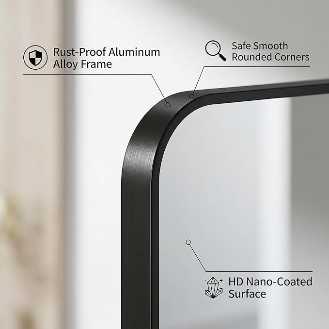 Koonmi Bathroom Mirror, 30X36 Inch Black Metal Framed Mirror for Bathroom, Tempered Glass, Anti-Rust, Rounded Rectangle Mirror for Restroom, Bedroom, Black