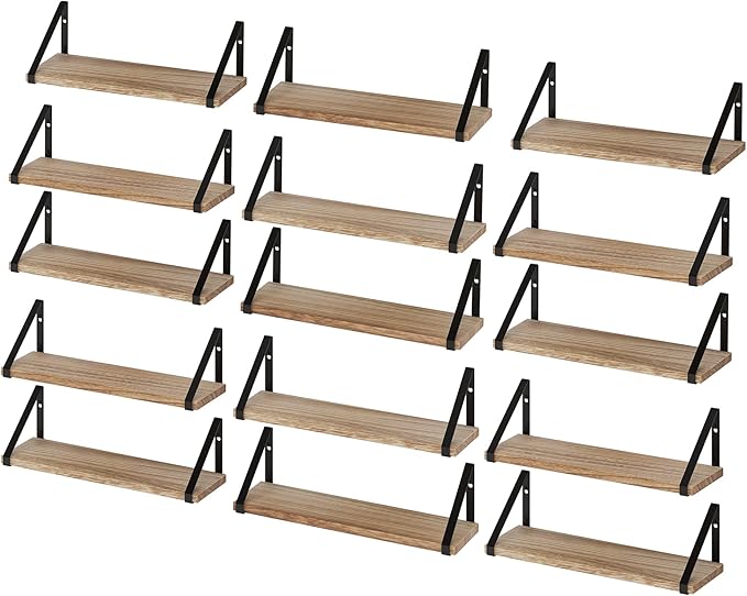 Wallniture Ponza 17'' x 4.5'' Floating Wall Shelf Bathroom, Small Wood Book Shelves for Wall Storage, Wall Mounted Shelf, Dining Room, Bedroom, Living Room, Office & Kitchen Organization, Burnt, 15pcs