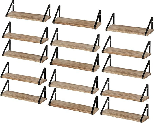 Wallniture Ponza 17'' x 4.5'' Floating Wall Shelf Bathroom, Small Wood Book Shelves for Wall Storage, Wall Mounted Shelf, Dining Room, Bedroom, Living Room, Office & Kitchen Organization, Burnt, 15pcs