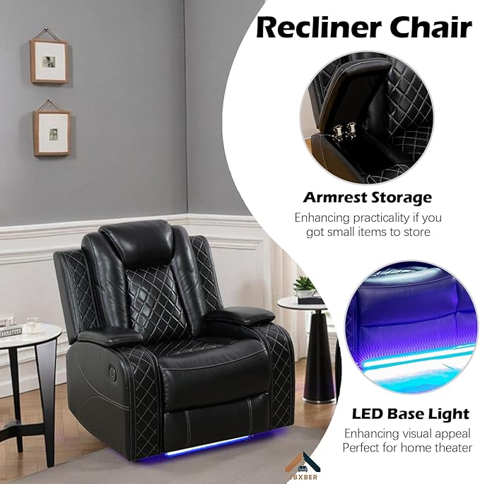 Power Recliner Sofa Set for Living Room, Leather Reclining Sofa Sets with Storage Console, Living Room Furniture Sets with LED Lights(Chair,Black)