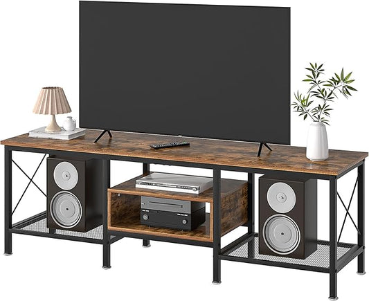 VECELO Industrial TV Stand for 70 Inch Television Cabinet 3-Tier Console with Open Storage Shelves, Entertainment Center Metal Frame for Living Room, Bedroom, 63 Inch, Dark Brown