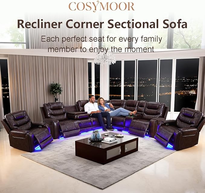 Power Reclining Sectional Sofa Set, Living Room Furniture Sets, Leather Recliner Corner Couches and 2 Chairs, Power Recliner Sectional with Cup Holder/Storage Console for Living Room