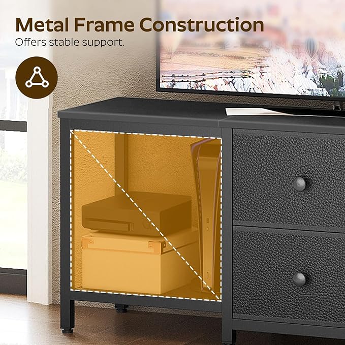 TV Stand for TVs up to 55", Entertainment Center with 2 Fabric Drawer, Media Console with Shelves, Television Stands for Living Room, Bedroom, Black DS02BB
