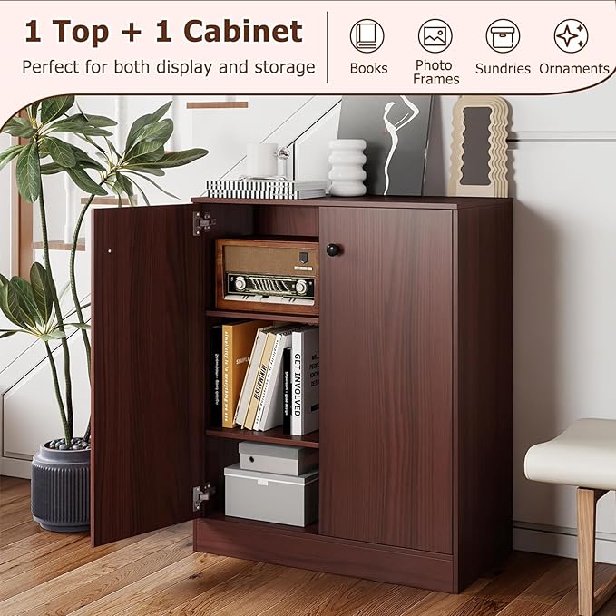 Giantex 2 Door Storage Base Cabinet - Freestanding Floor Cabinet with 3-Tier Shelf, Non-Slip Foot Pads, Kitchen Cupboard Storage Organizer for Living Room, Hallway, Entryway, Office (Brown)