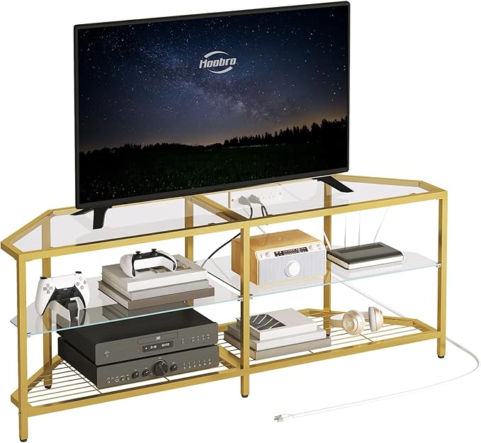HOOBRO Corner TV Stand with Power Outlet for TVs up to 60", Modern 55" Corner TV Console Table with Open Shelves, Tempered Glass Media Entertainment Center for Living Room, Bedroom, Gold GD143UDS01