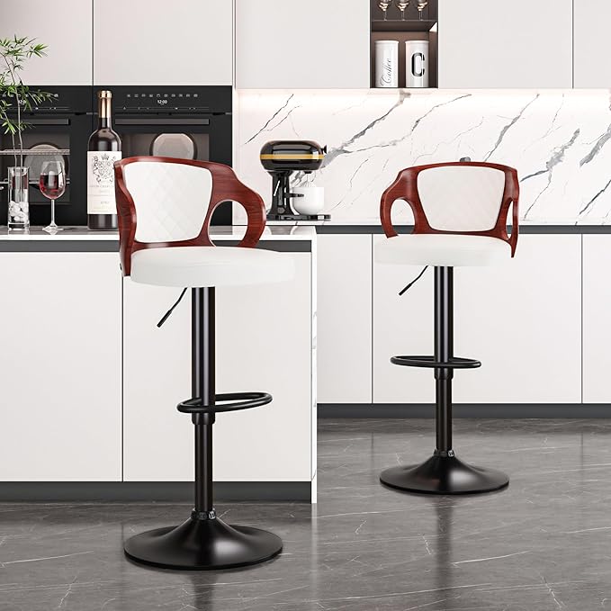 VECELO BarStools Set of 2,Counter Height Stools with Bentwood Back&Arm, Swivel Barstools,PU Leather Kitchen Island Stools, Adjustable Height Bar Chairs for Club Pub Dining Room,White