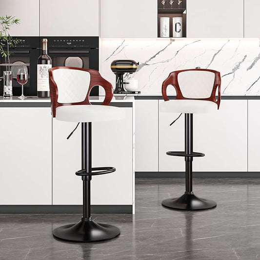 VECELO BarStools Set of 2,Counter Height Stools with Bentwood Back&Arm, Swivel Barstools,PU Leather Kitchen Island Stools, Adjustable Height Bar Chairs for Club Pub Dining Room,White