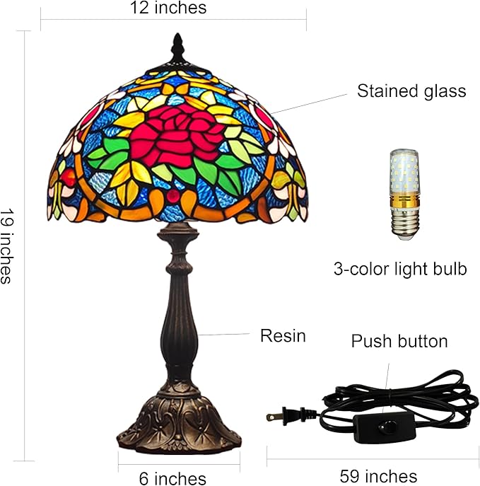 Tiffany 3-Color Stained Glass Lamp - Vintage Beside Reading Lamp, 12 inch Living Room Light, Flowers Style Antique Nightstand Light (Red Roses Heart)