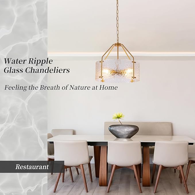 Glass Drum Gold Chandelier for Dining Room 18'' Entryway Light Fixture 4-Light Kitchen Chandeliers Over Table Bedroom Light Fixture for Living Room Hallway Foyer Kitchen