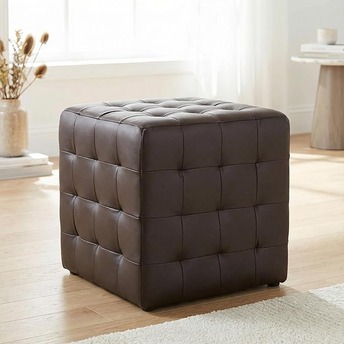 Cortesi Home Charli Tufted Cube Ottoman in 100% Genuine Leather, Brown