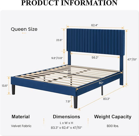 SHA CERLIN Queen Upholstered Platform Bed Frame with Vertical Channel Tufted Velvet Fabric Adjustable Headboard, Wooden Slats Support, Mattress Foundation, Box Spring Optional, Blue