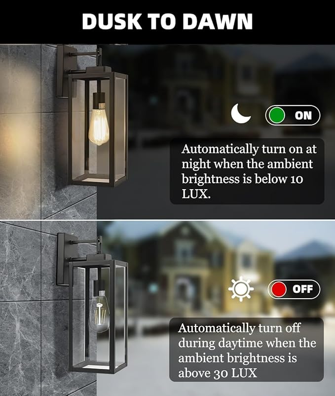 Dusk to Dawn Outdoor Wall Lantern - 18 Inch Exterior Wall Sconce with Sensor, Large Size Outdoor Wall Light for Porch Garage Light, E26 Socket, 1 Pack