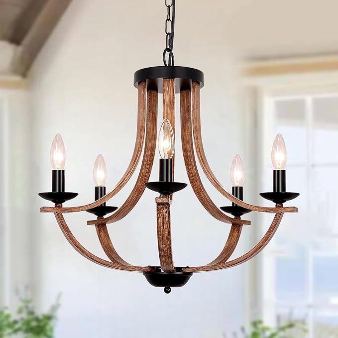 21" Farmhouse Chandelier, 5-Light Rustic Dining Room Light Fixture, Farmhouse Chandeliers for Dining Room, Faux Wood Texture Adjustable Pendant Lighting for Living Room, Kitchen, Foyer, Entryway