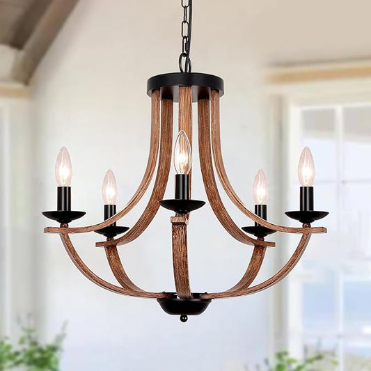 21" Farmhouse Chandelier, 5-Light Rustic Dining Room Light Fixture, Farmhouse Chandeliers for Dining Room, Faux Wood Texture Adjustable Pendant Lighting for Living Room, Kitchen, Foyer, Entryway