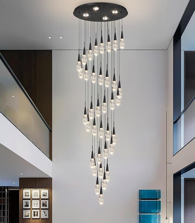 36-Lights 197 Inches Large Modern Chandelier LED Light Fixtures High Ceiling Long Light Chandelier for Entrance Foyer Dimmable Lights with Remote Living Room Ceiling Pendant Lighting Black