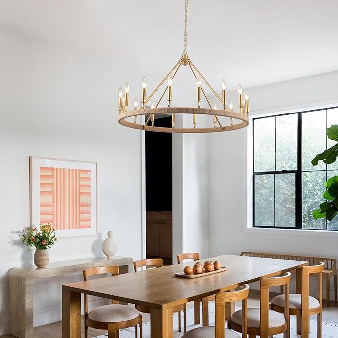 Rattan Wagon Wheel Chandelier 16 Light Farmhouse Chandeliers for High Ceilings Large Gold Pendant Light Fixtures for Dining Room Hemp Rope Around Wagon Wheel Light Fixture for Foyer,Living Room,E12