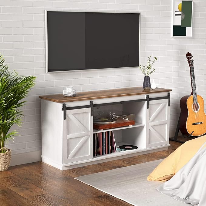 YESHOMY Farmhouse TV Stand for Televisions up to 65 Inches, Sliding Barn Doors and Storage Cabinets, Console Table and Media Furniture for Living Room, 58 Inch, White