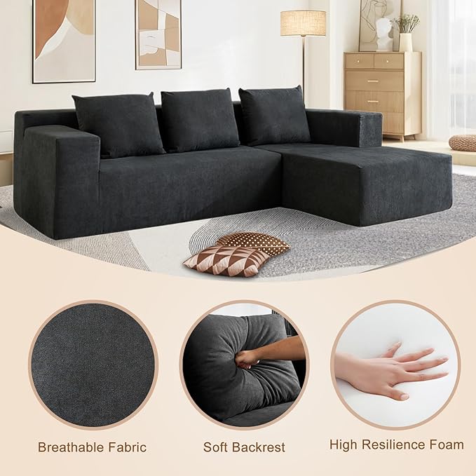 Nigoone 103" Boneless Sectional Couch with Right Chaise, Modular L Shaped Couches for Living Room, Large Gray Minimalist Modern Deep Seat Floor Sofa, No Assembly