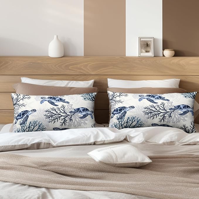 Nautical Coastal Lumbar Pillows Covers 12x20 Set of 2 Summer Beachy Themed Outdoor Throw Pillow Covers Ocean Coral Sea Turtle Pillow Cases for Bed Couch Sofa Living Room
