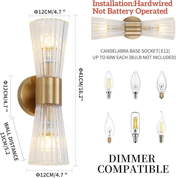 Mid-Century Modern Wall Lights with Crystal Glass Shade, 2-Light Glass Bathroom Vanitys Lights Gold Wall Sconces, Indoor Up Down Wall Mounted Lamps for Living Bedroom Hallway Hardwired