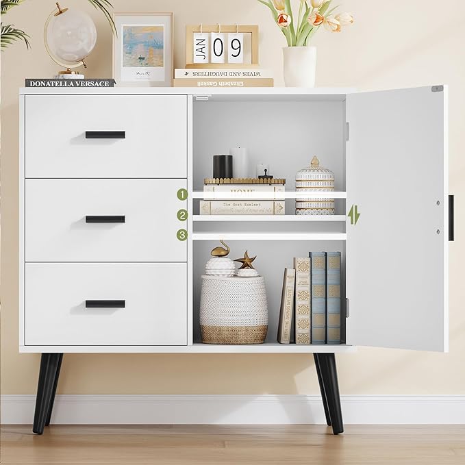 TEENFON White Storage Cabinet with Adjustable Shelf & 3 Drawers, Small Bathroom Cabinet with Door, Freestanding Floor Storage Unit for Living Room, Home Office, White