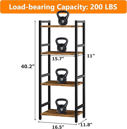 Book Shelf, 4 Tier Bookcase with Steel Frame, Stable Bookshelf Narrow Book Shelves Storage Organizer for Book CD Movie, Open Bookshelves for Living Room, Home Office, Study, Rustic Brown