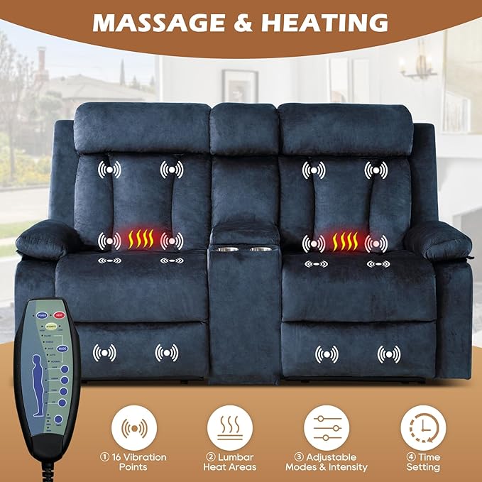Power Reclining Loveseat with Console, Power Loveseat Recliner Sofa with Heat and Massage, Wall Hugger Loveseat Recliner with Dual Ports, Cup Holders for Living Room, RV Sofa (Blue, Loveseat)